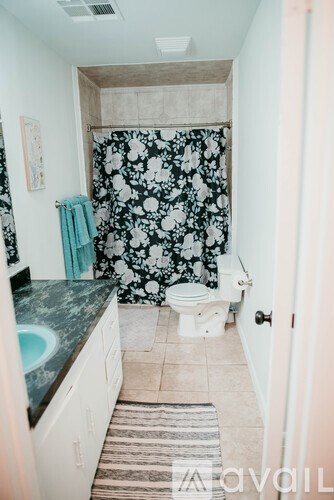 A bathroom with a floral shower curtain and a rug on the floor.