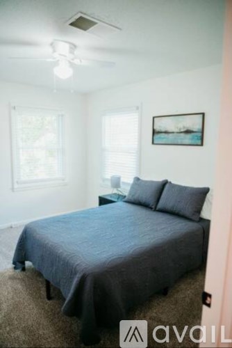 A bedroom with a bed, a ceiling fan, and a picture on the wall.