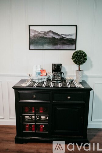 A black cabinet with a small tree on top of it.