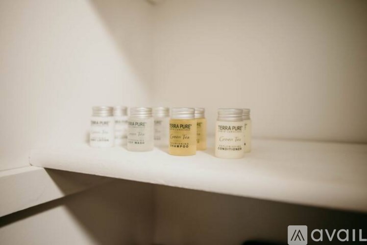 Four bottles of Terra Pure are lined up on a shelf.