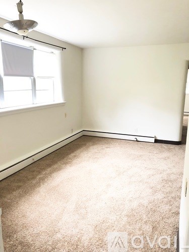 A carpeted room with a window and a fan.
