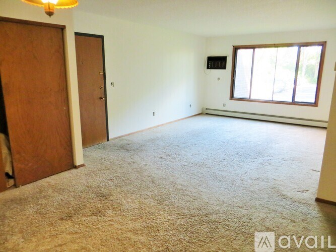 A room with a carpeted floor, a door, and a window.