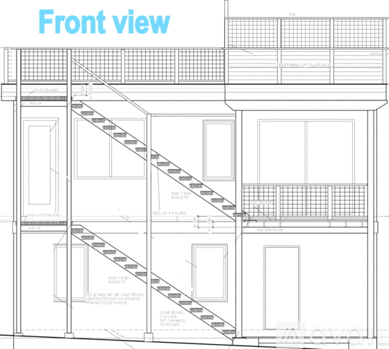 A drawing of a building's front view with a staircase.