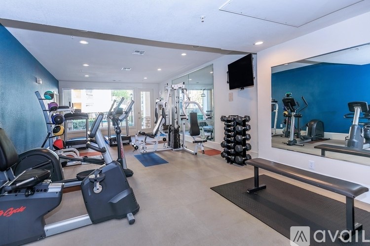 A gym with a variety of equipment including treadmills, weights, and exercise machines.