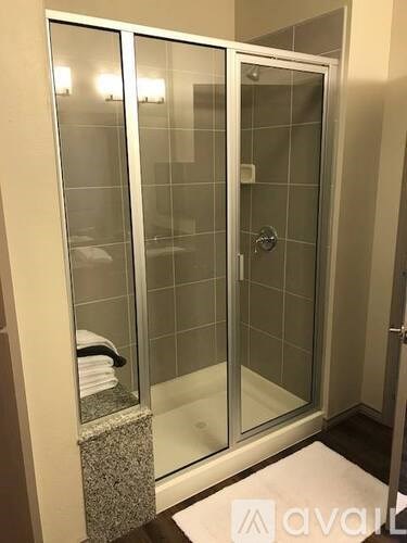 A glass shower door with a silver handle and a glass panel.