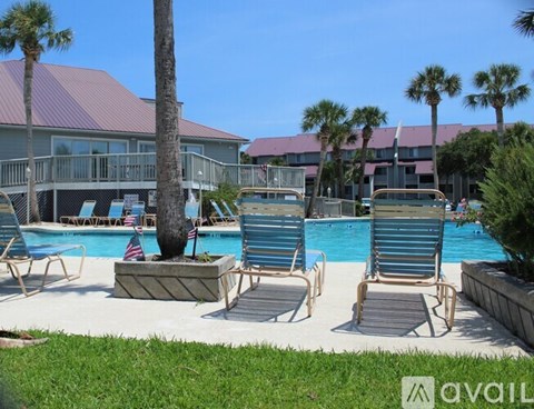 A pool area with lounge chairs and a palm tree.