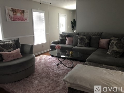 A living room with a grey couch, a round chair, and a pink rug.