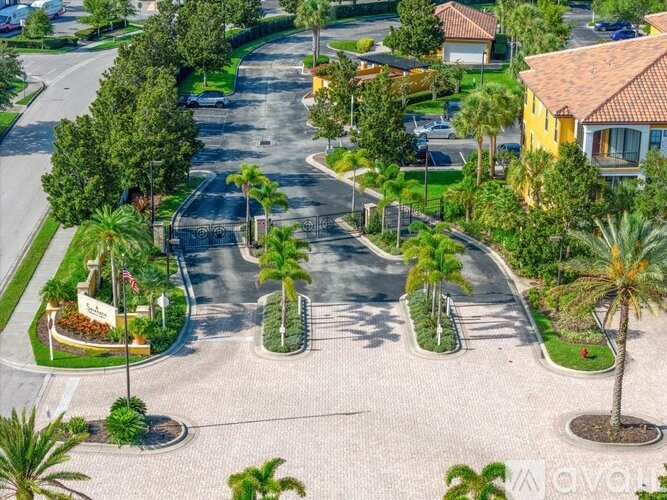 A street view of a residential area with palm trees and houses.