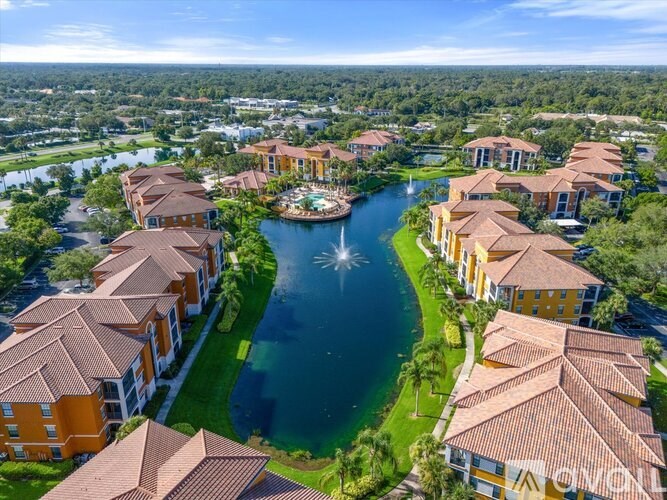 A bird's eye view of a community with a river running through it.