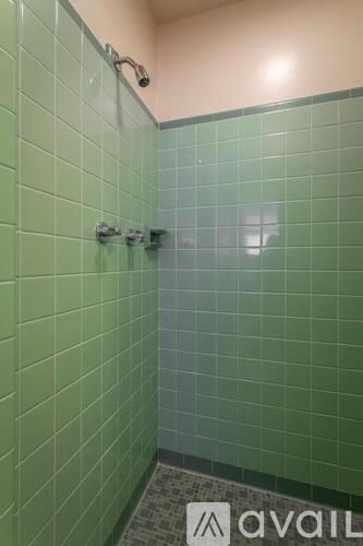 A bathroom with green tiles and a shower.