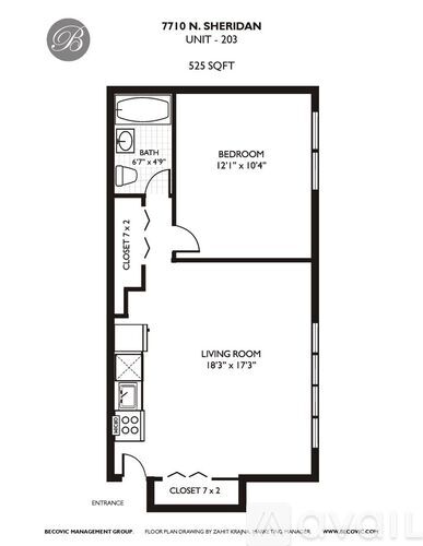 A floor plan for a 203 square foot unit at 7710 N. Sheridan shows a bedroom, a living room, and a bathroom.