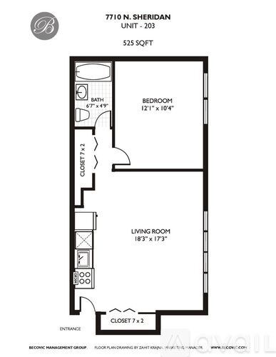 A floor plan for a 203 square foot unit at 7710 N. Sheridan shows a bedroom, a living room, and a bathroom.