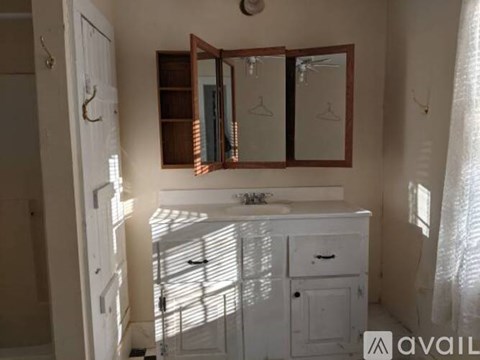 A bathroom with a white vanity and a mirror above it.