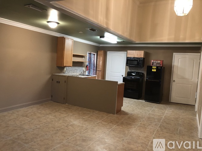 A kitchen area with a counter and cabinets.