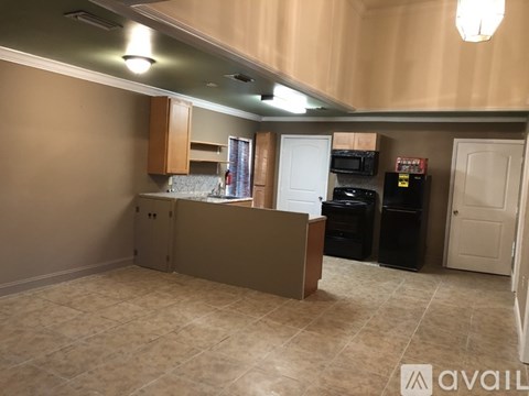 A kitchen area with a counter and cabinets.