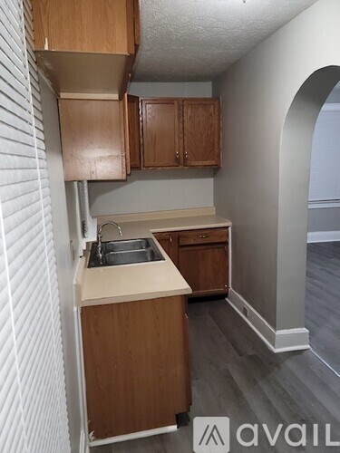 A kitchen with wooden cabinets and a sink.