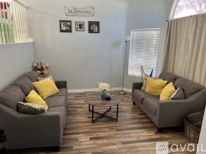 A living room with two grey couches and a coffee table.