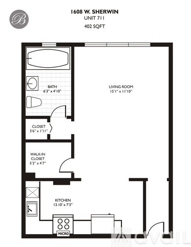A floor plan for a 402 square foot apartment with a living room, kitchen, bath, and closets.
