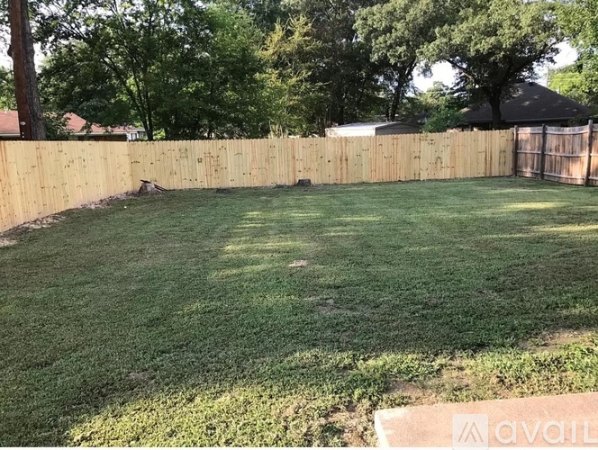 A backyard with a wooden fence and green grass.
