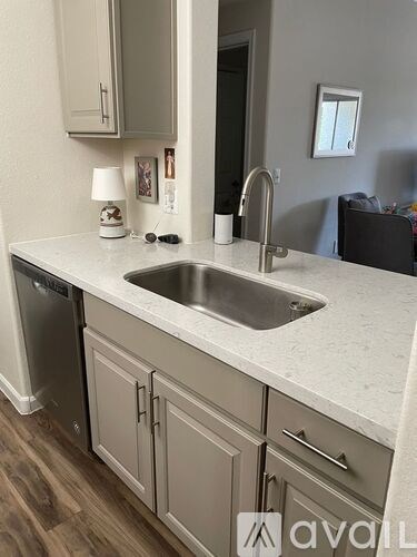 A kitchen with a sink and a counter.