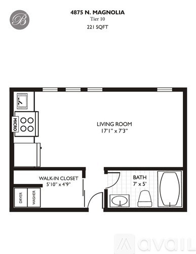 A floor plan for a 221 sqft apartment with a living room, bathroom, and walk-in closet.