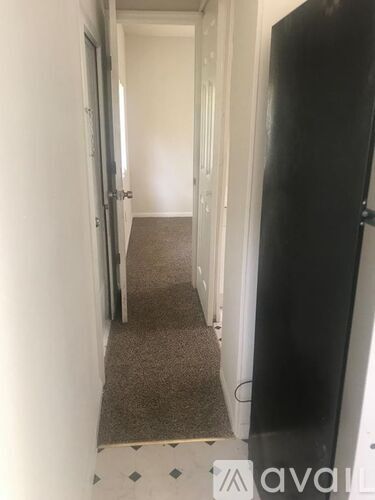 A hallway with a black door on the right and a white door on the left.