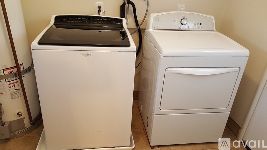 A white dryer and washer are sitting next to each other.