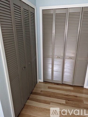 Closet with white doors and wooden floor.