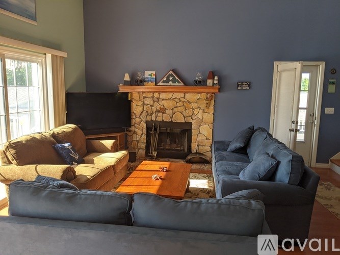 A living room with a grey couch, a fireplace, and a television.
