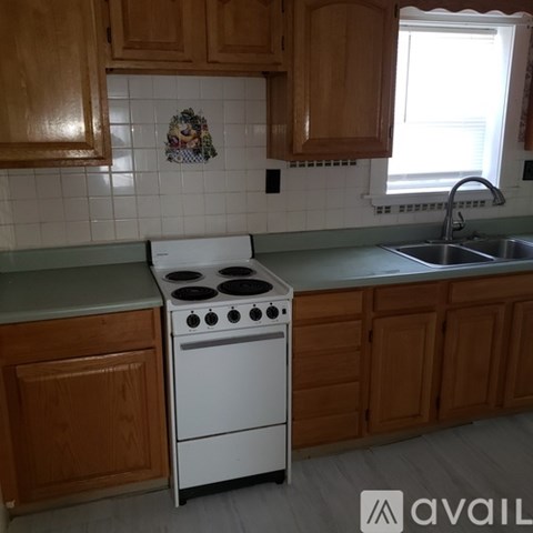 A white stove and sink in a kitchen with wooden cabinets.