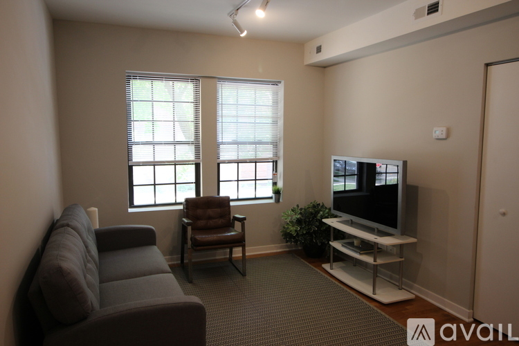 A living room with a grey couch, a brown chair, a television, and a plant.