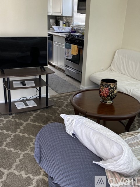 A living room with a grey couch and a black television.