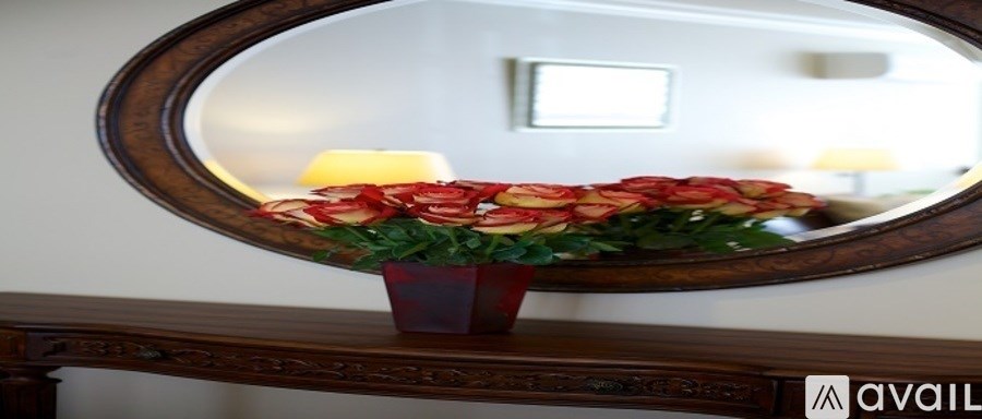 A vase of red roses sits in front of a mirror.