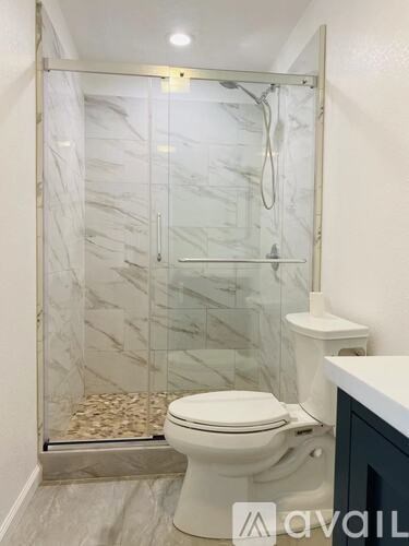 A white toilet sits next to a walk-in shower with a glass door.
