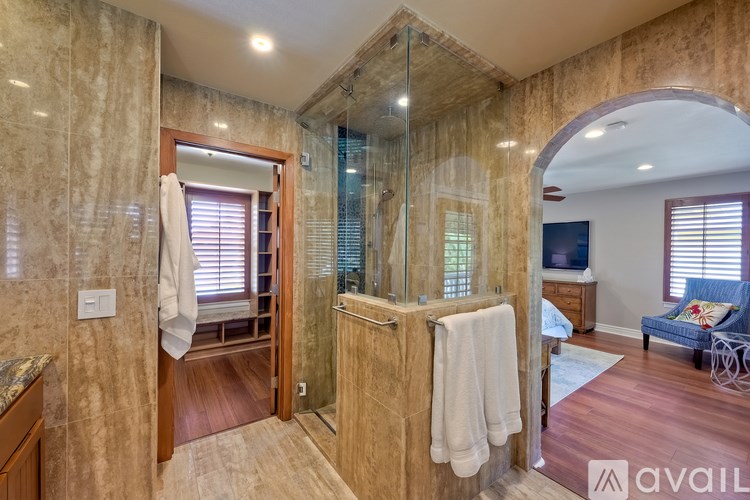 A bathroom with a walk-in shower and a large mirror.