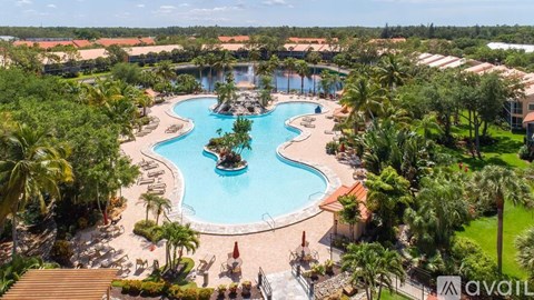 A large outdoor pool surrounded by palm trees and a waterfall.