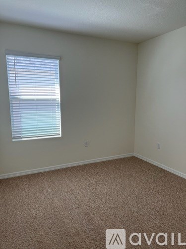 A room with a carpeted floor and a window with blinds.