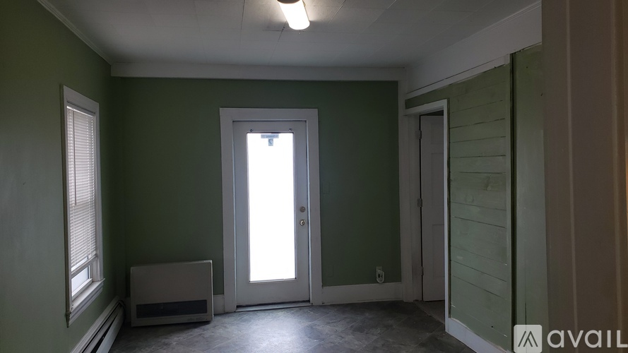 A hallway with a green wall and a white door.