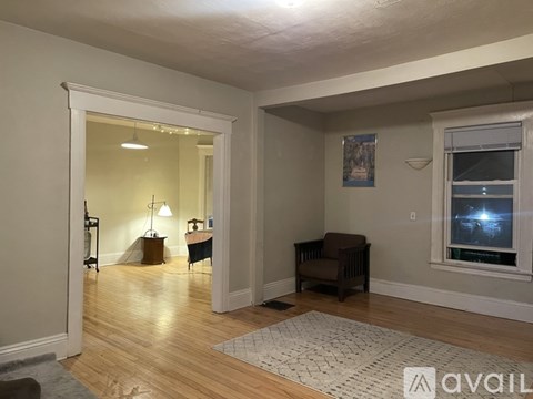 A living room with a brown chair and a grey rug.
