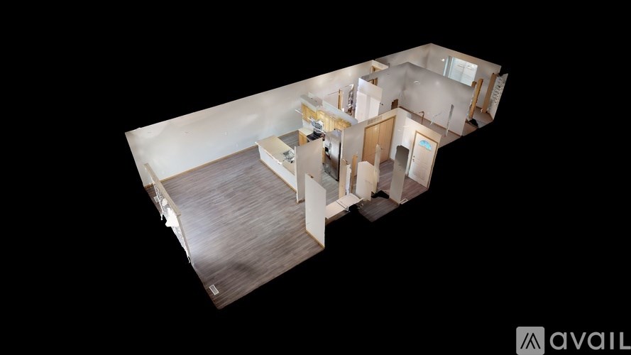 A 3D image of a house layout with a kitchen, living room, and two bedrooms.