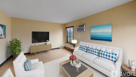 A living room with a white couch and a television.