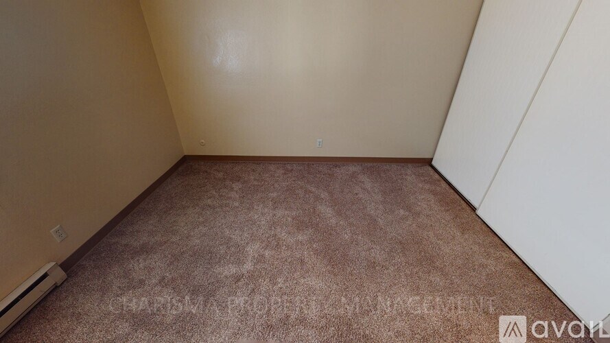 A room with a brown carpet and beige walls.