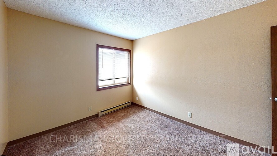 A room with a window and carpeted floor.