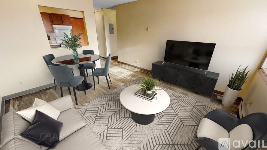 A living room with a black and white patterned rug, a grey sofa, a black chair, a white coffee table, a black television, and a potted plant.