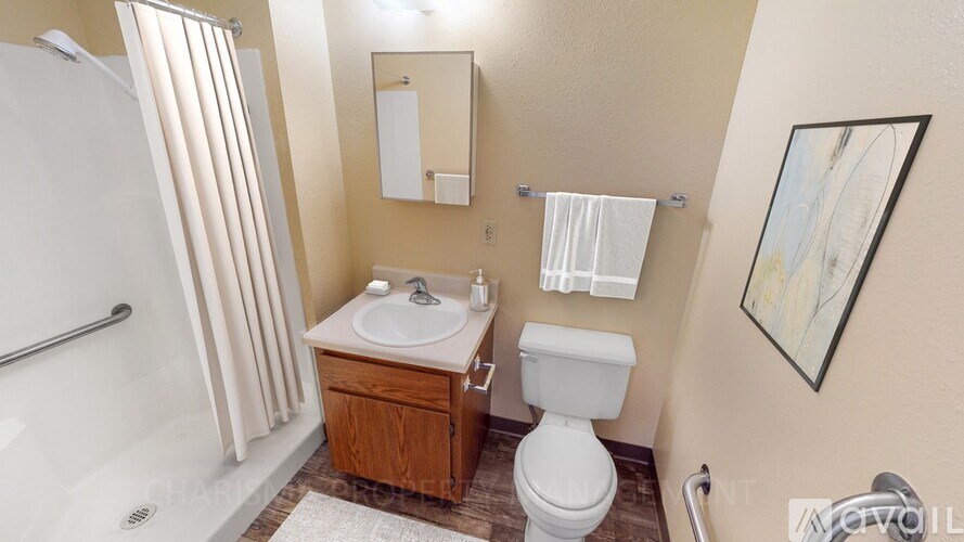 A bathroom with a white toilet, sink, and shower.