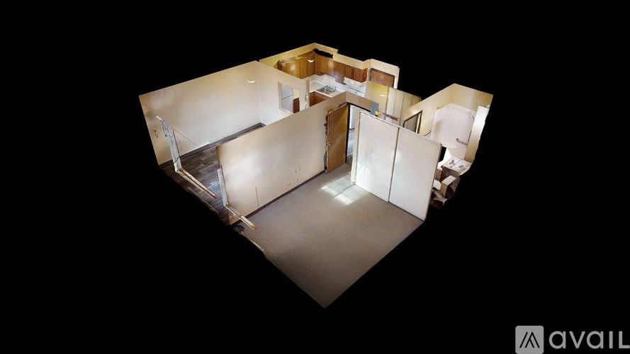 A top-down view of a modern house interior with a kitchen, living room, and bedrooms.