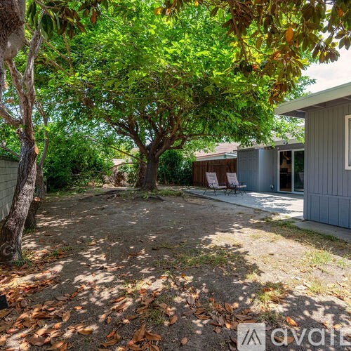 A backyard with a tree and a house in the background.