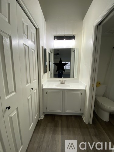 A bathroom with a white sink and a mirror above it.