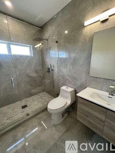 A modern bathroom with a walk-in shower, toilet, and sink.