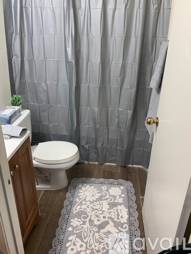 A bathroom with a toilet, a shower curtain, and a rug.